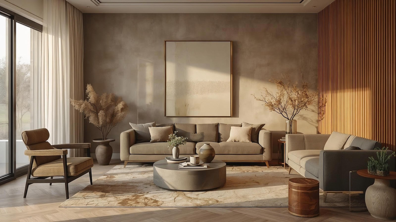 Wohnzimmer im Element Erde: Naturmaterialien, warmes Licht, ruhige Beige- und Salbeitöne.