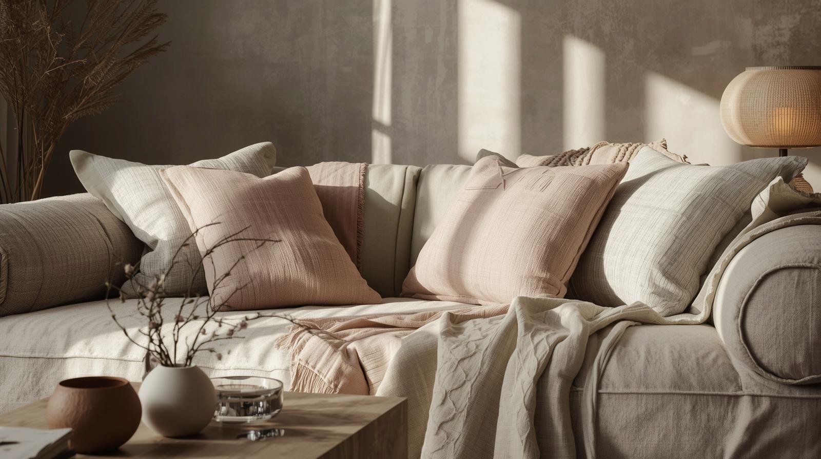 Wohnzimmer im Element Wasser: weiches Licht, textile Layer, beruhigende Farben und Geborgenheit.